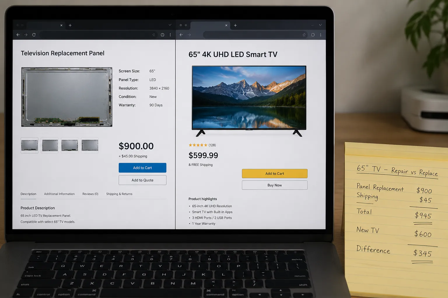 Laptop displaying side-by-side comparison of a replacement TV panel listing and a new TV product page for the same screen size with handwritten repair versus replacement cost notes.