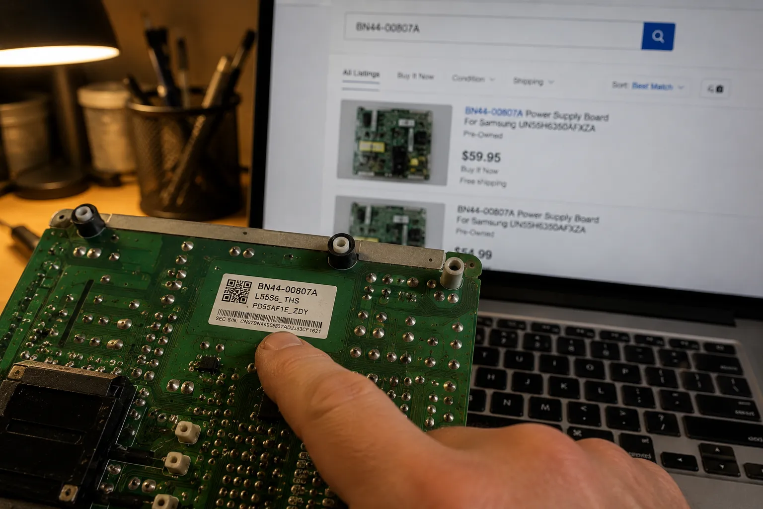 finding the part number sticker on a TV power supply board before buying a replacement