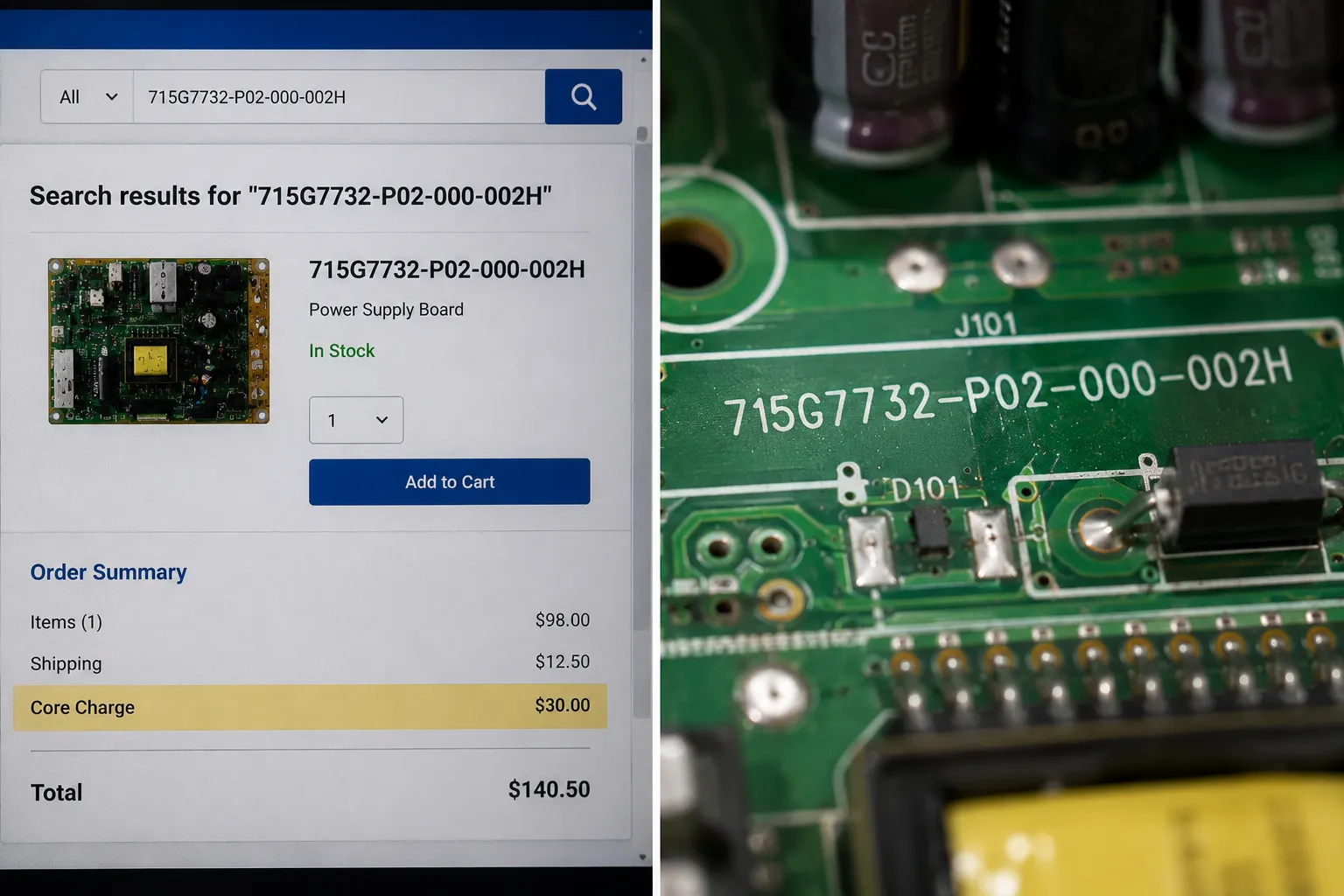 Split image showing a TV power board order with part number search and core charge beside a macro close-up of the matching part number printed on the circuit board.