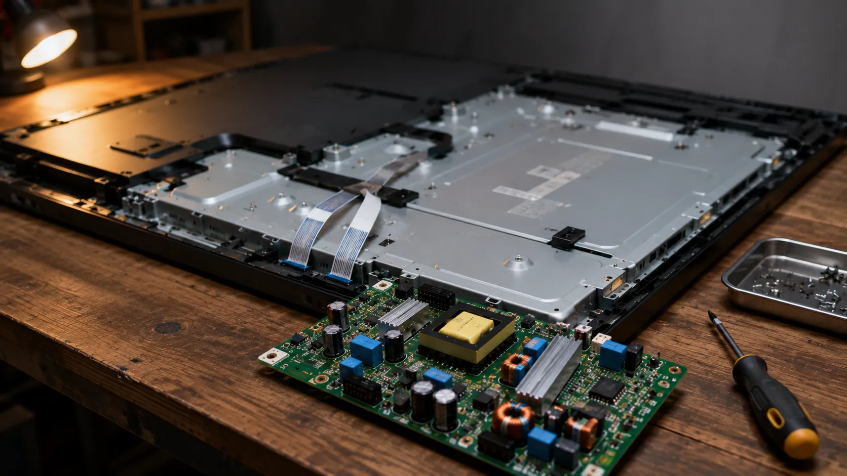Opened flat-screen TV on a workbench with the removed power supply board placed beside the metal chassis, ribbon cables visible, plus a screwdriver and parts tray during repair.