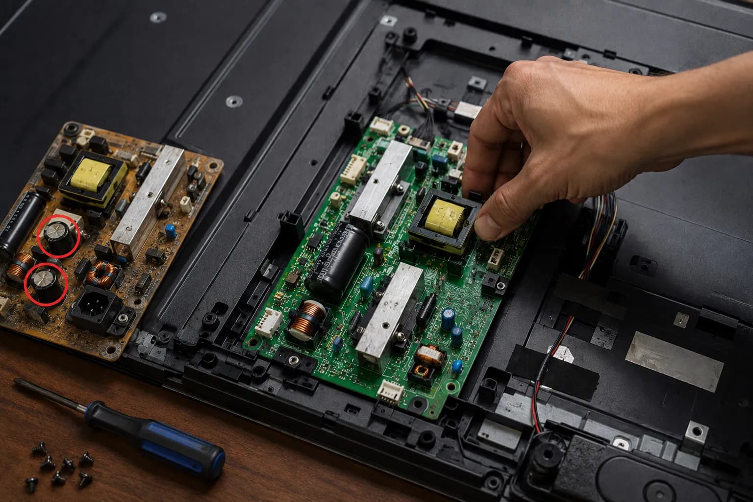 Hand installing a replacement TV power supply board inside a 55-inch television while the old board with two bulged capacitors rests beside a screwdriver on the workbench.