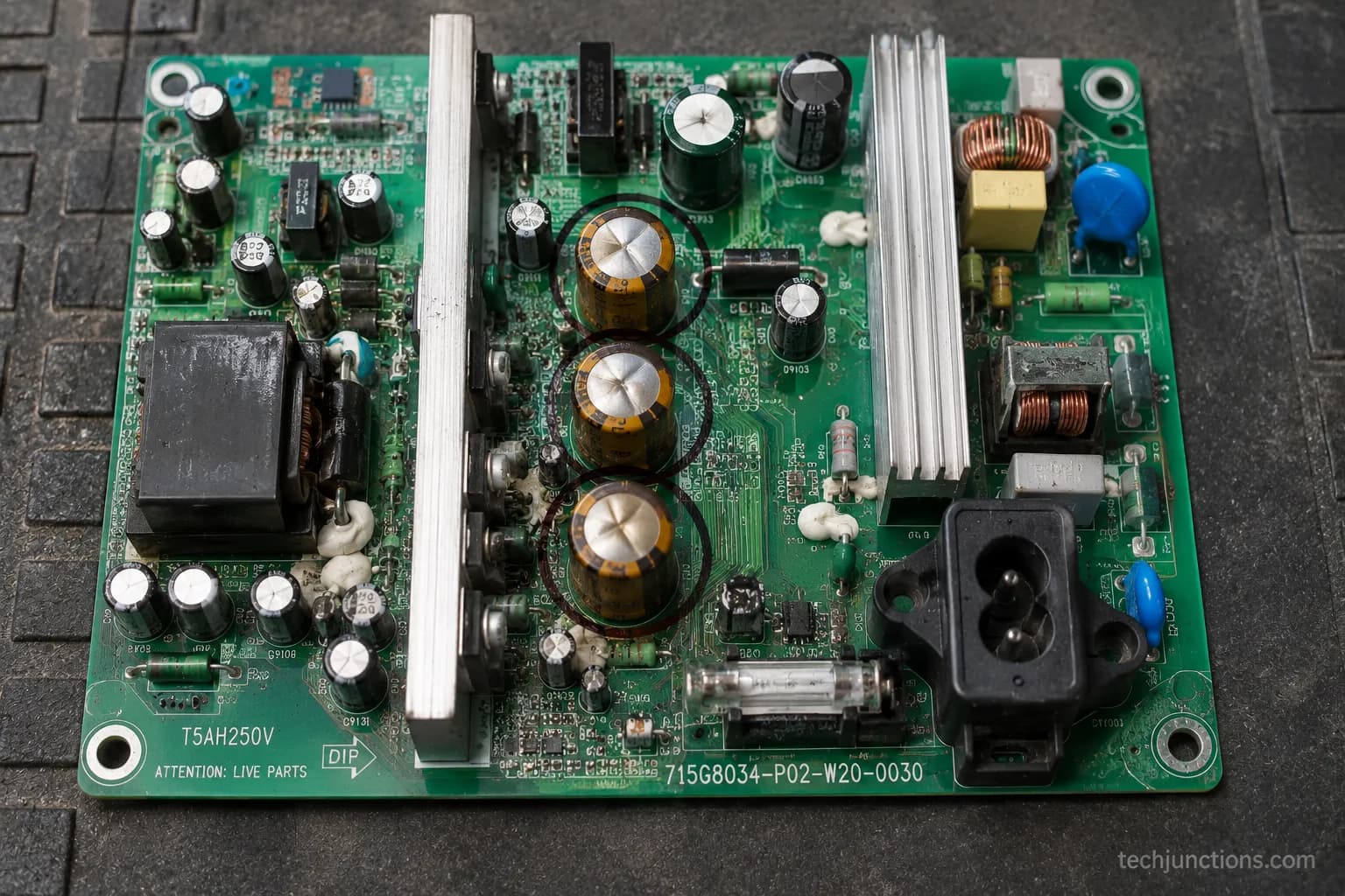 bulging capacitors circled on a TV power supply board on a bench mat
