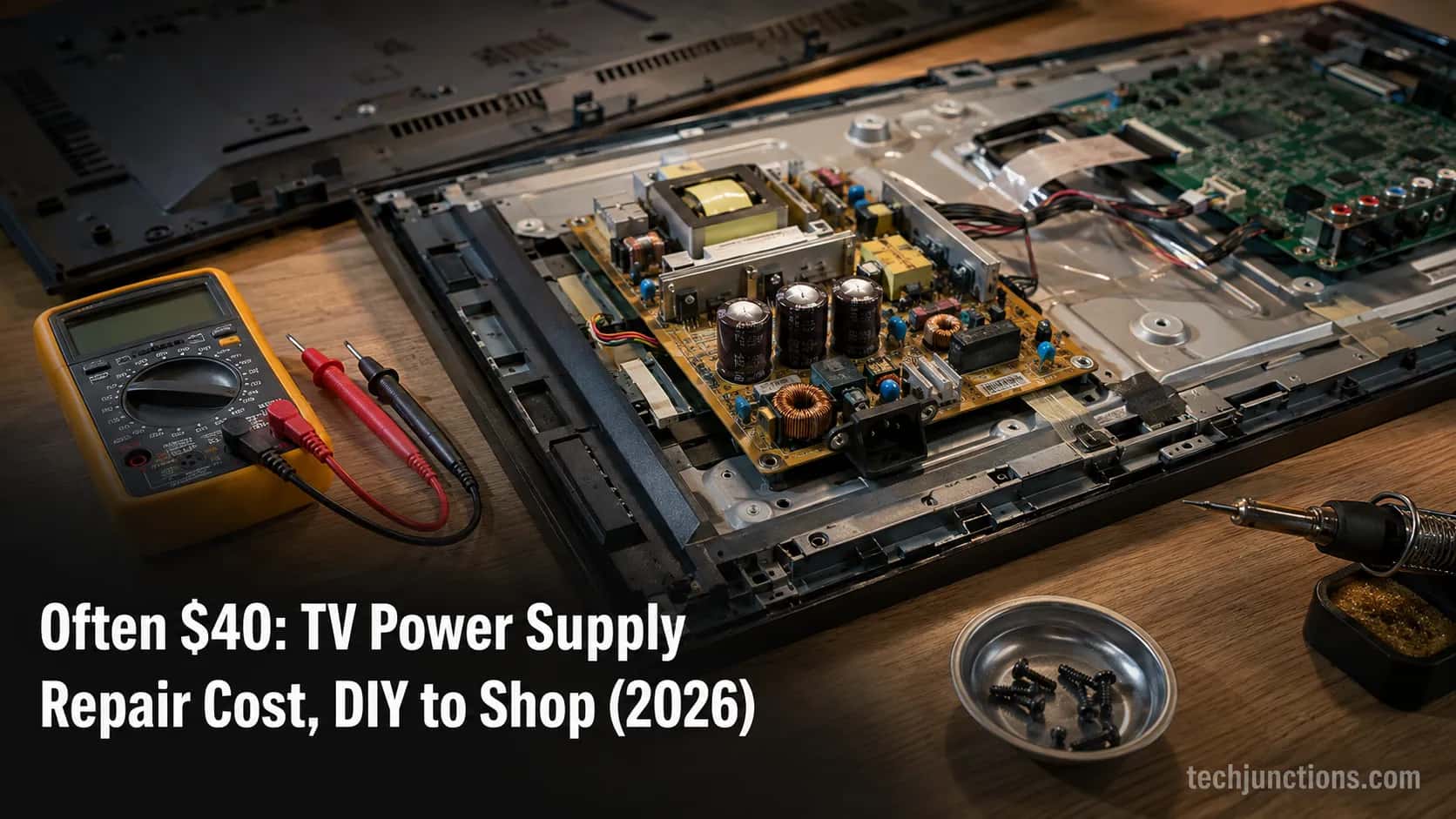open TV showing a power supply board with bulging capacitors, a multimeter, and a soldering iron