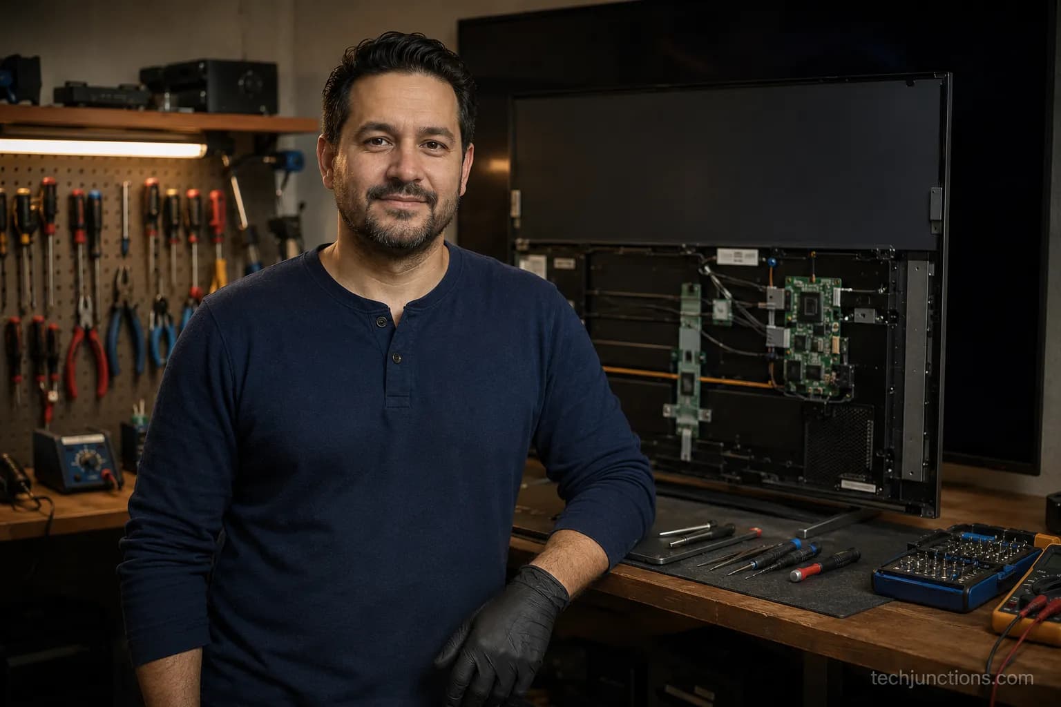 TV-repair technician at a workbench with tools and an OLED panel behind.