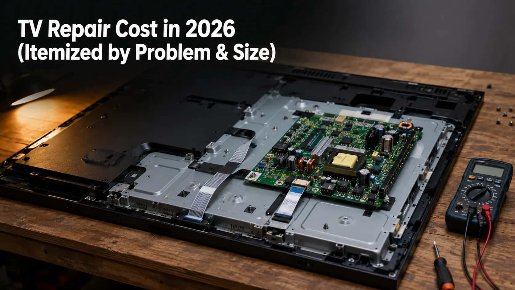 Flat-screen TV lying face-down on a workbench with the rear cover removed, exposing the power board and ribbon cables beside a digital multimeter and screwdriver for TV repair cost guide.