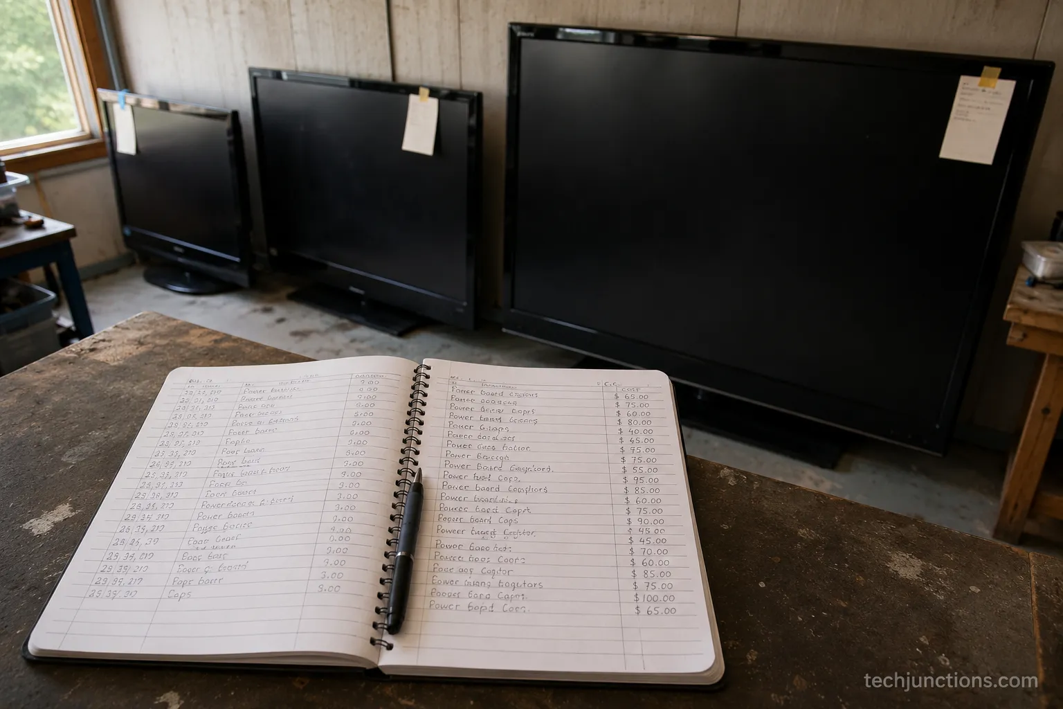 repair technician's bench log of TV power supply repair costs next to three dead TVs