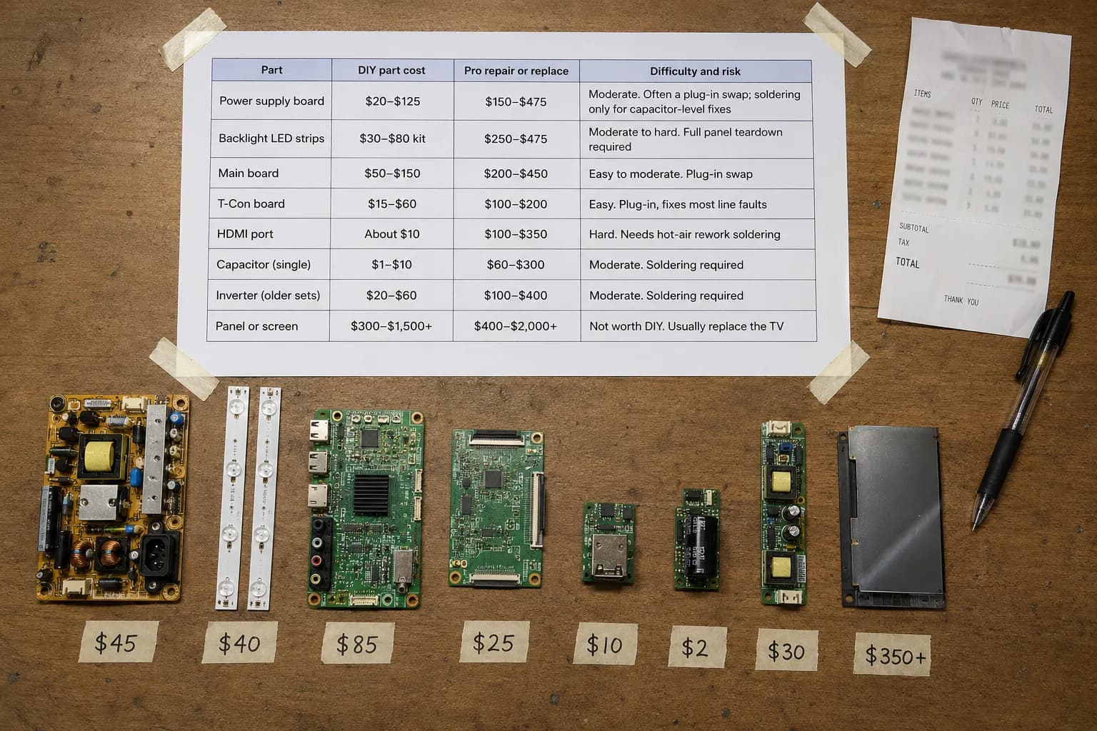 Overhead view of a TV repair cost comparison table with eight TV circuit boards, handwritten price tags, a parts receipt, and pen on a workbench comparing DIY and professional repair costs.