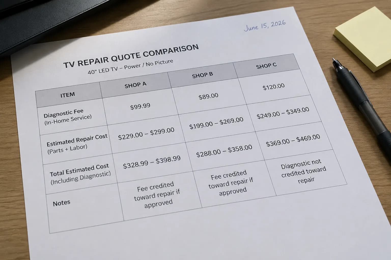 Printed TV repair quote comparison sheet showing diagnostic fees, estimated repair costs, and total price estimates from three anonymized service providers.