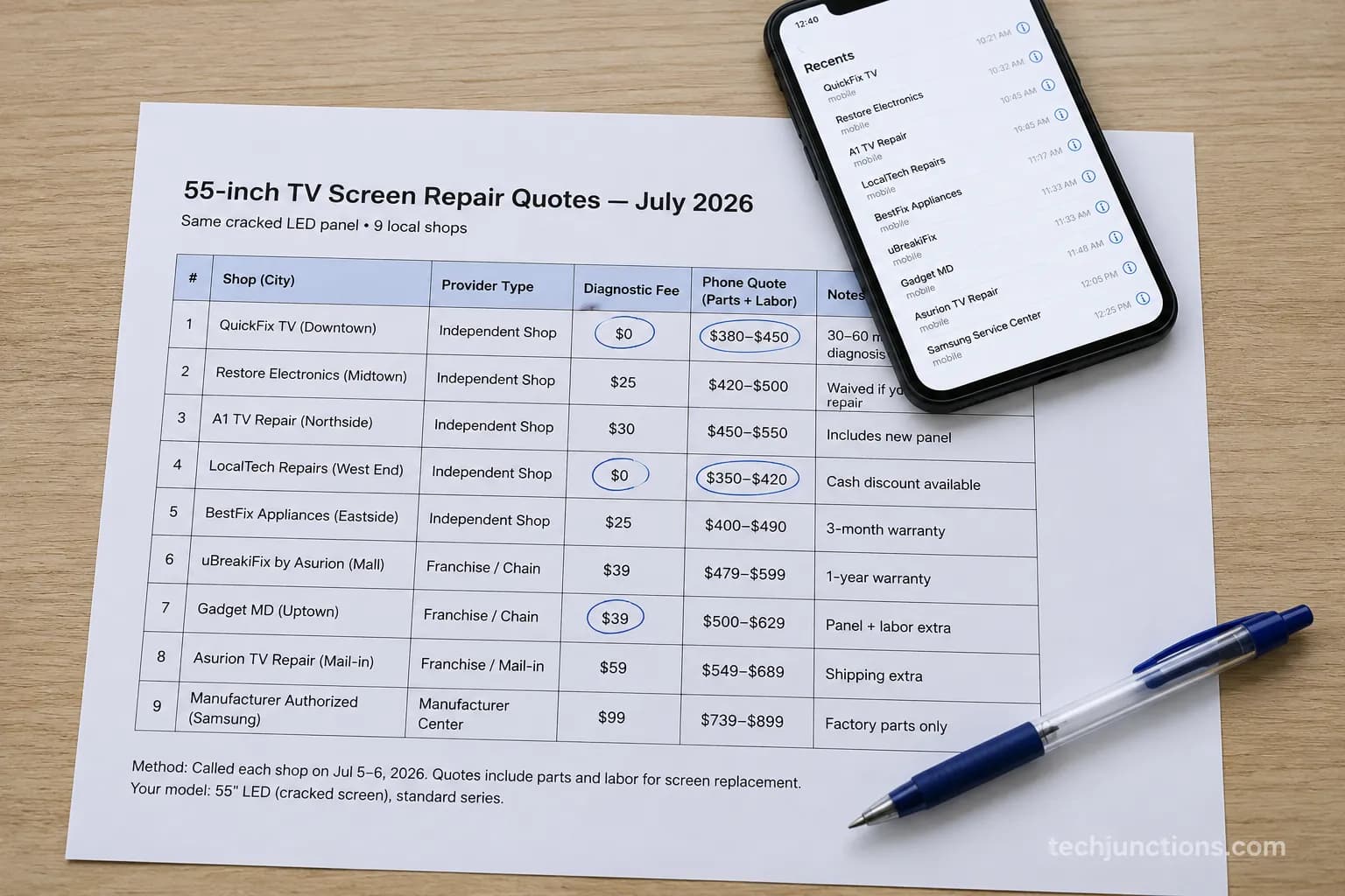 nine TV repair shop quotes for a cracked 55-inch screen, July 2026