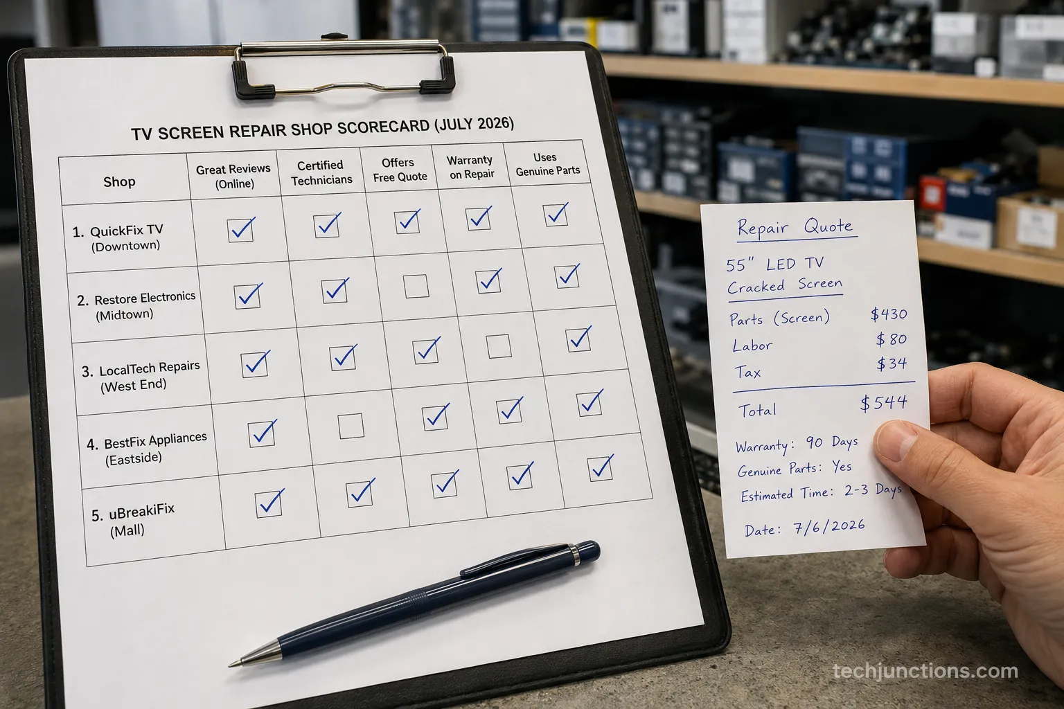 scorecard vetting five TV repair shops on reviews, certification, quotes, warranty, and parts