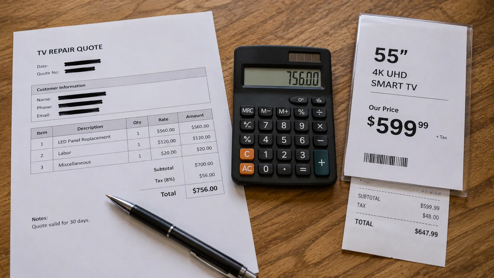 TV repair quote beside a new TV price tag and receipt with a calculator between them, illustrating a replacement television costing less than a panel repair estimate.