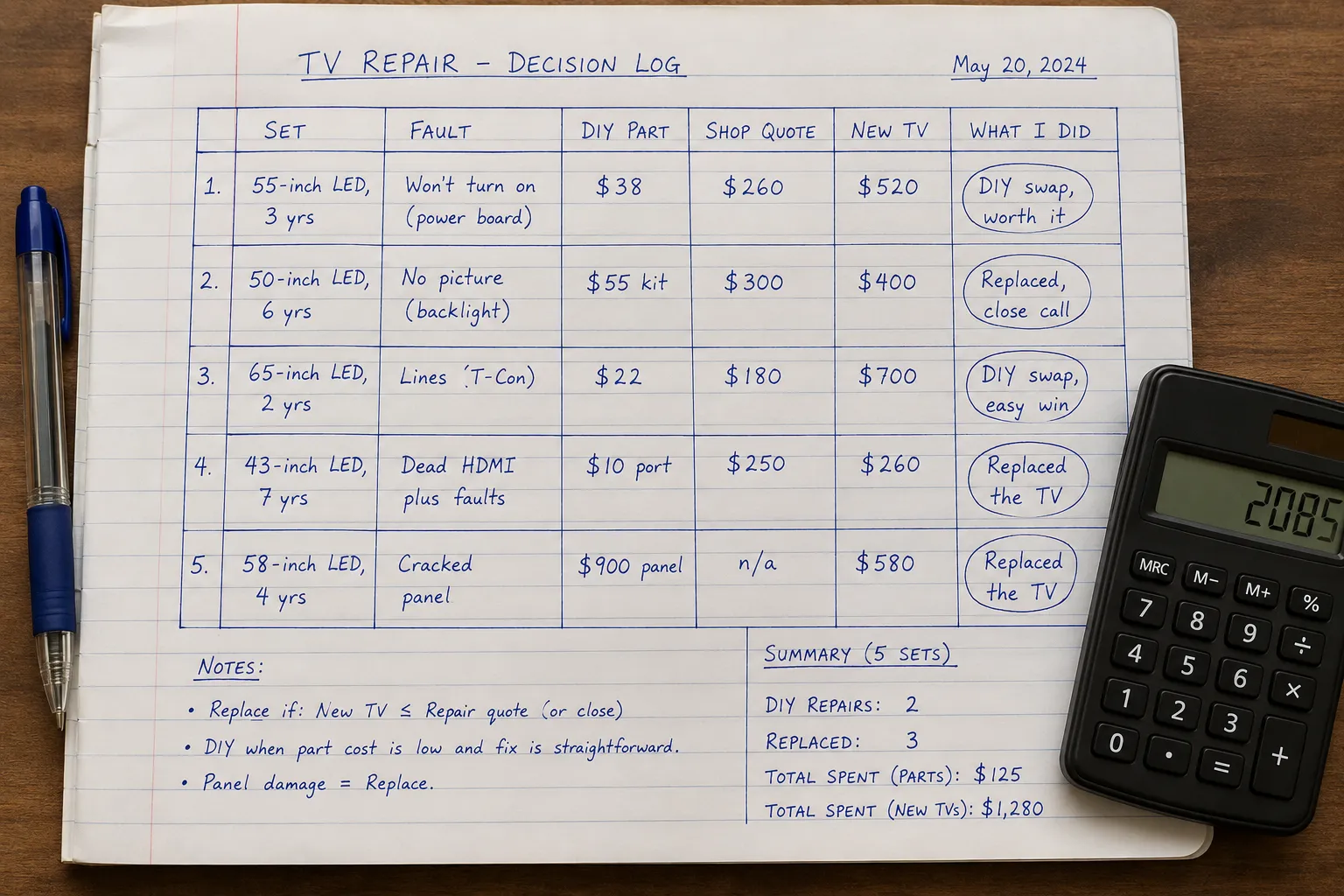 Handwritten TV repair decision log comparing five televisions with fault types, DIY part costs, repair quotes, new TV prices, and circled repair or replace decisions beside a calculator.