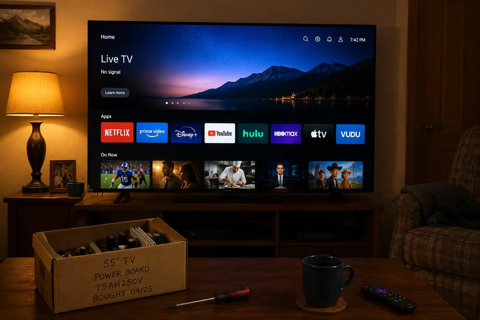 55-inch TV working again after a power supply board replacement, parts box on the table