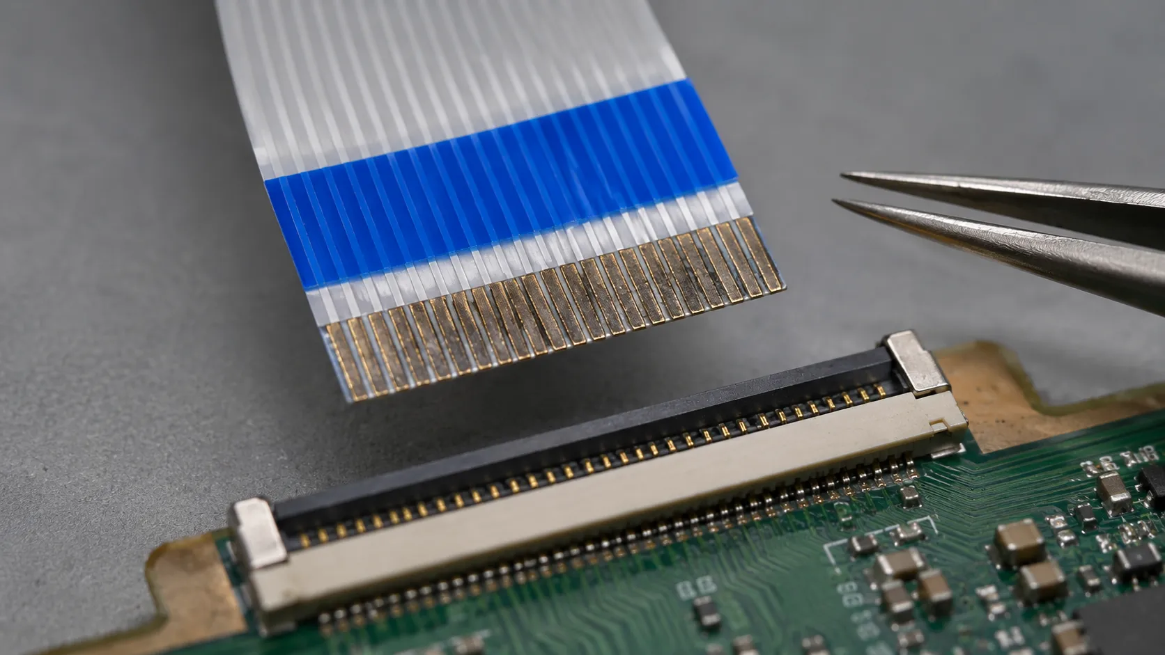 Macro close-up of a TV T-CON ribbon cable with faint oxidation on the gold contacts before cleaning, positioned above the connector with precision tweezers nearby.
