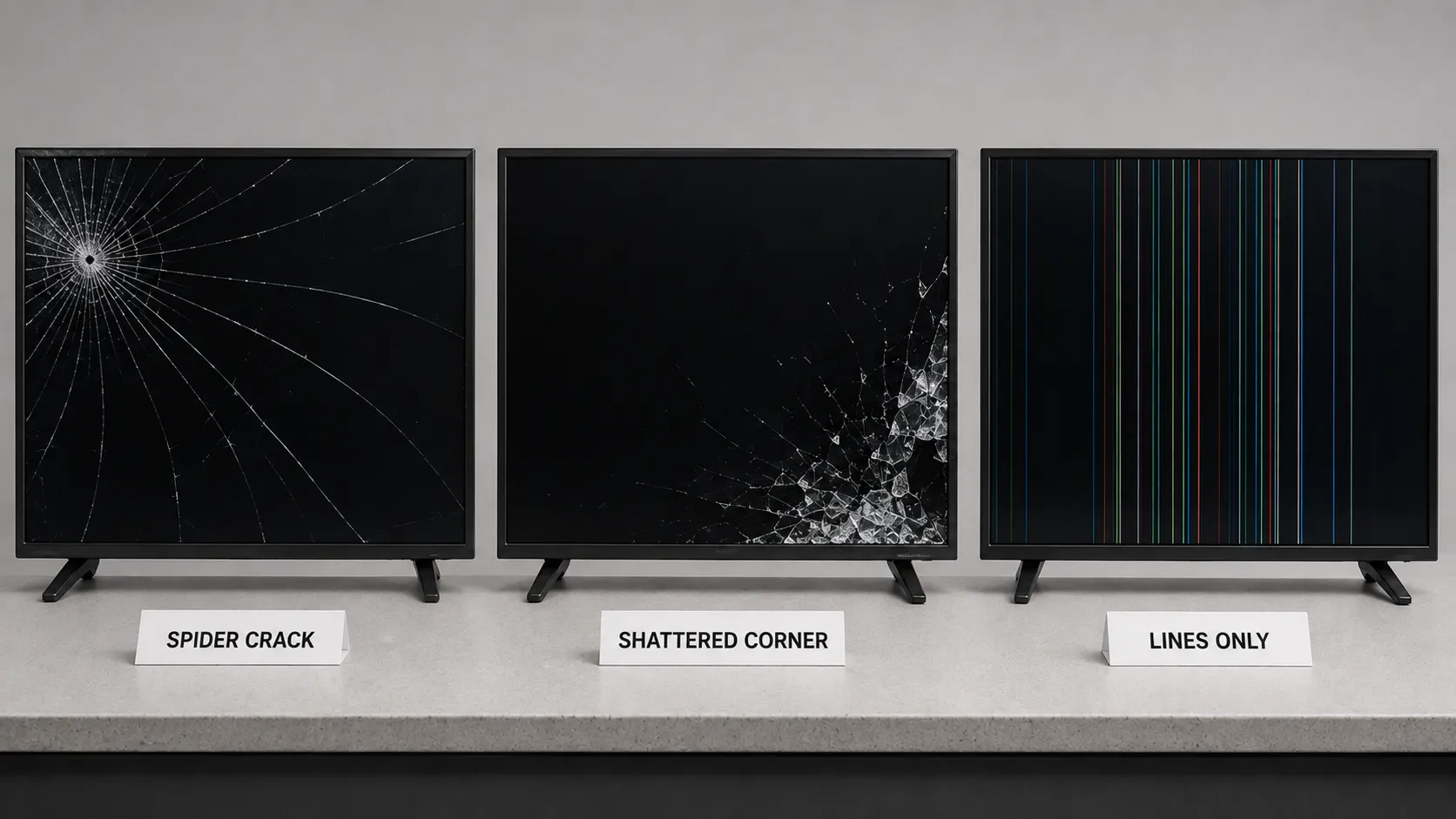Cracked, shattered, and lines-only TV screen damage compared side by side.
