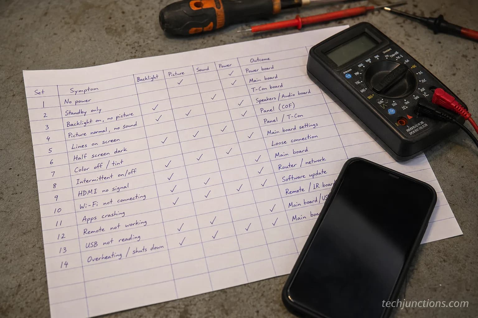 Handwritten bench triage worksheet tracking symptoms and repair outcomes for fourteen televisions, with a multimeter on top.