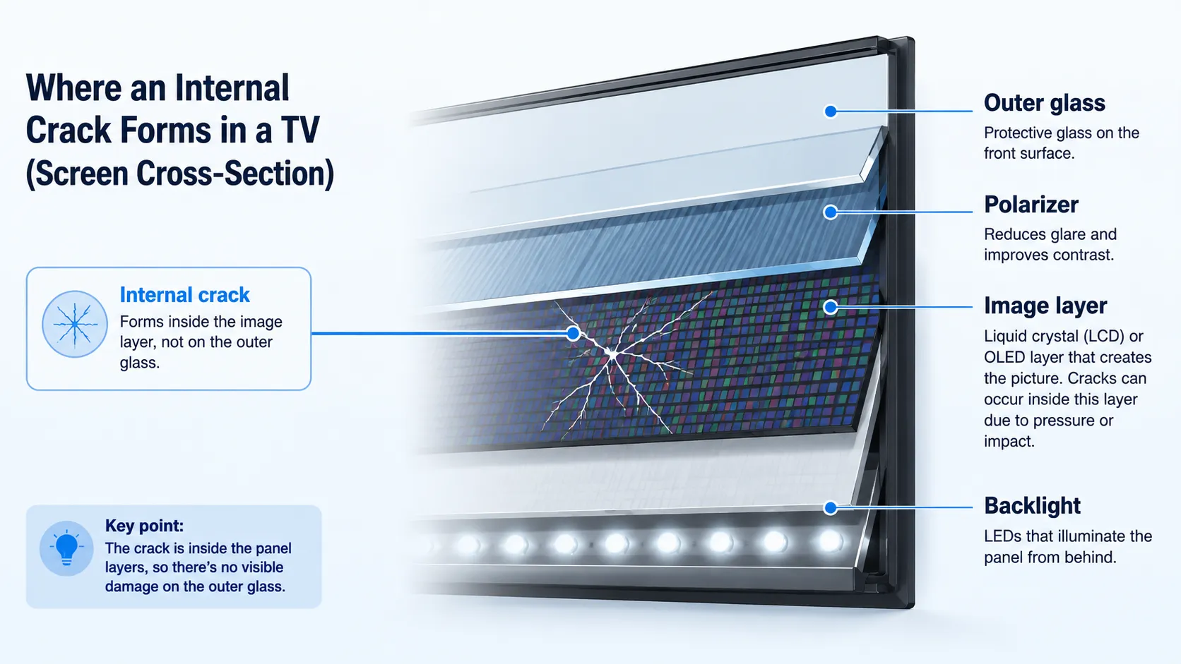 Cross-section diagram of a TV screen showing the outer glass, polarizer, image layer, and backlight, with an internal panel crack highlighted behind the intact front glass.
