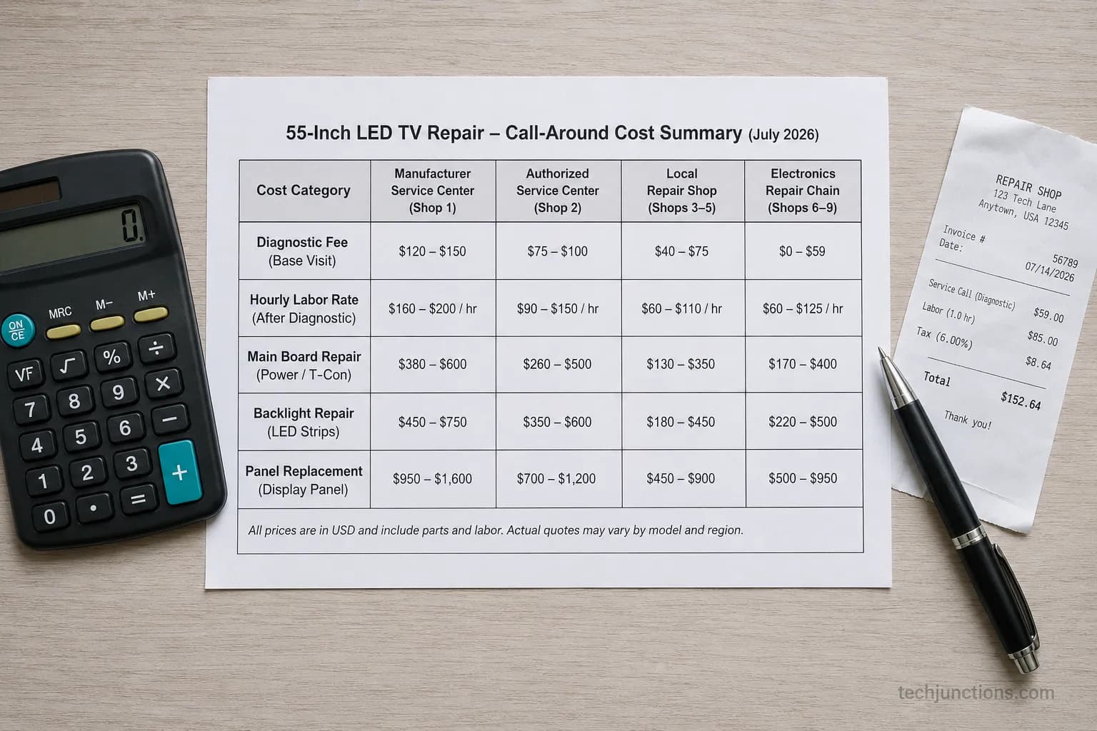 2026 TV screen repair cost table by fee, labor, and repair type