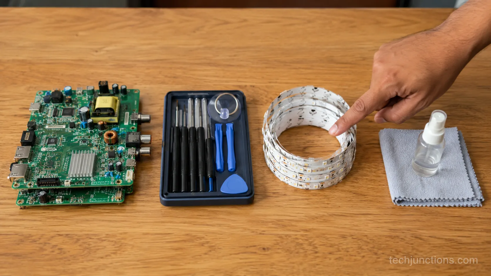 Hand pointing at LED backlight strips among four TV repair kit types