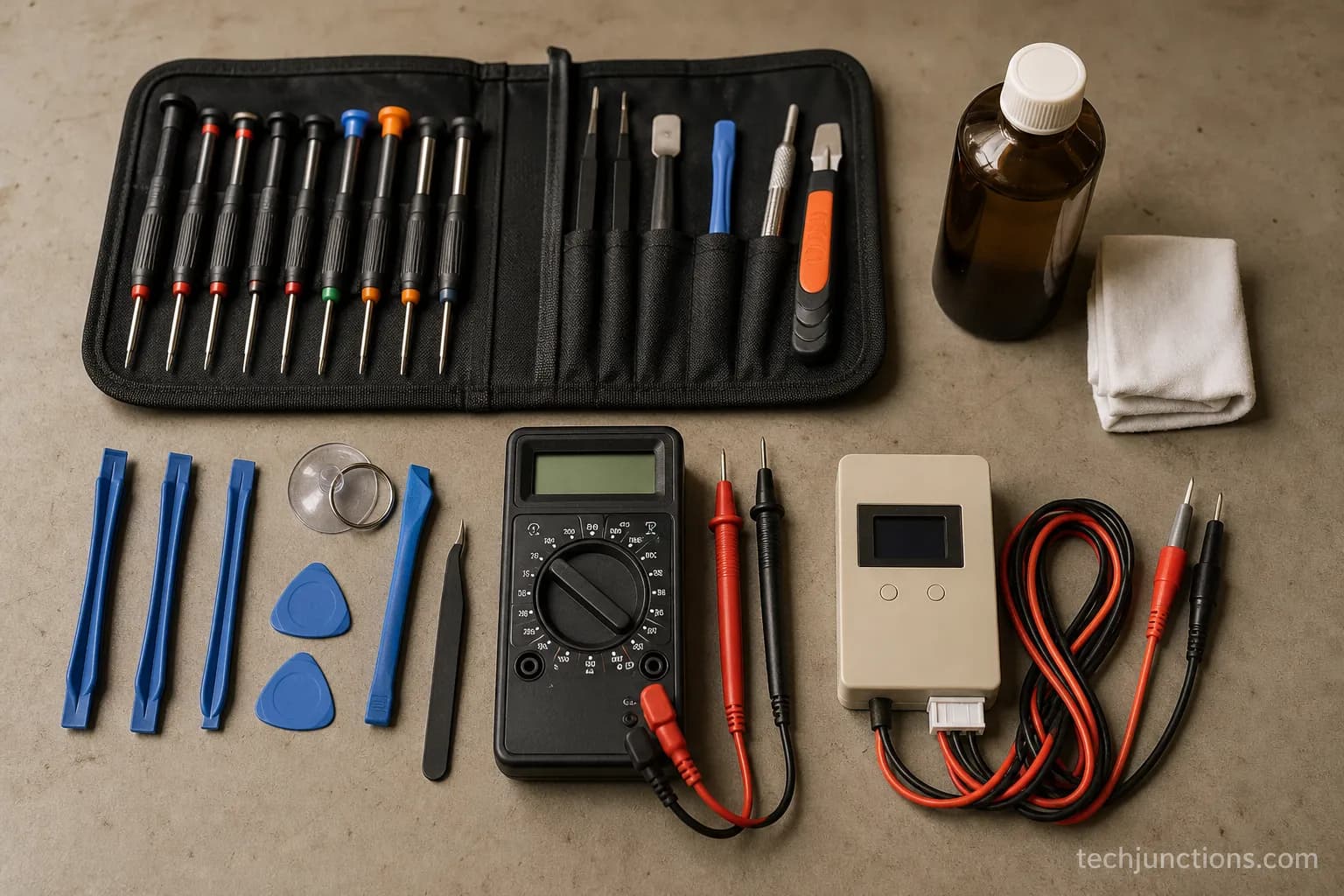 Flat-lay of a TV repair toolkit with precision drivers, spudgers, isopropyl, a multimeter and a backlight tester on a workbench.