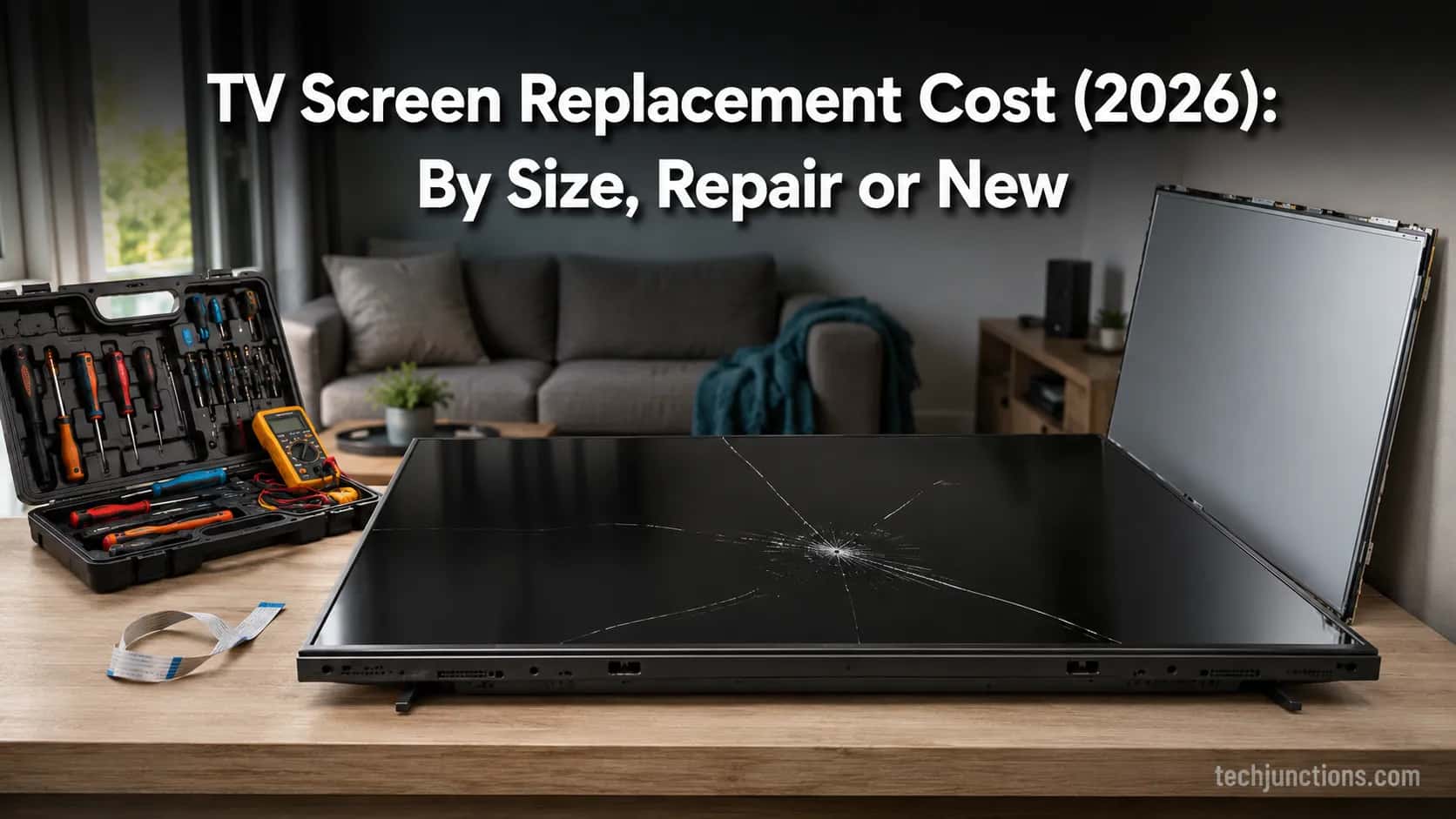 Cracked 65-inch flat-screen TV on a workbench next to a bare replacement panel and repair toolkit.