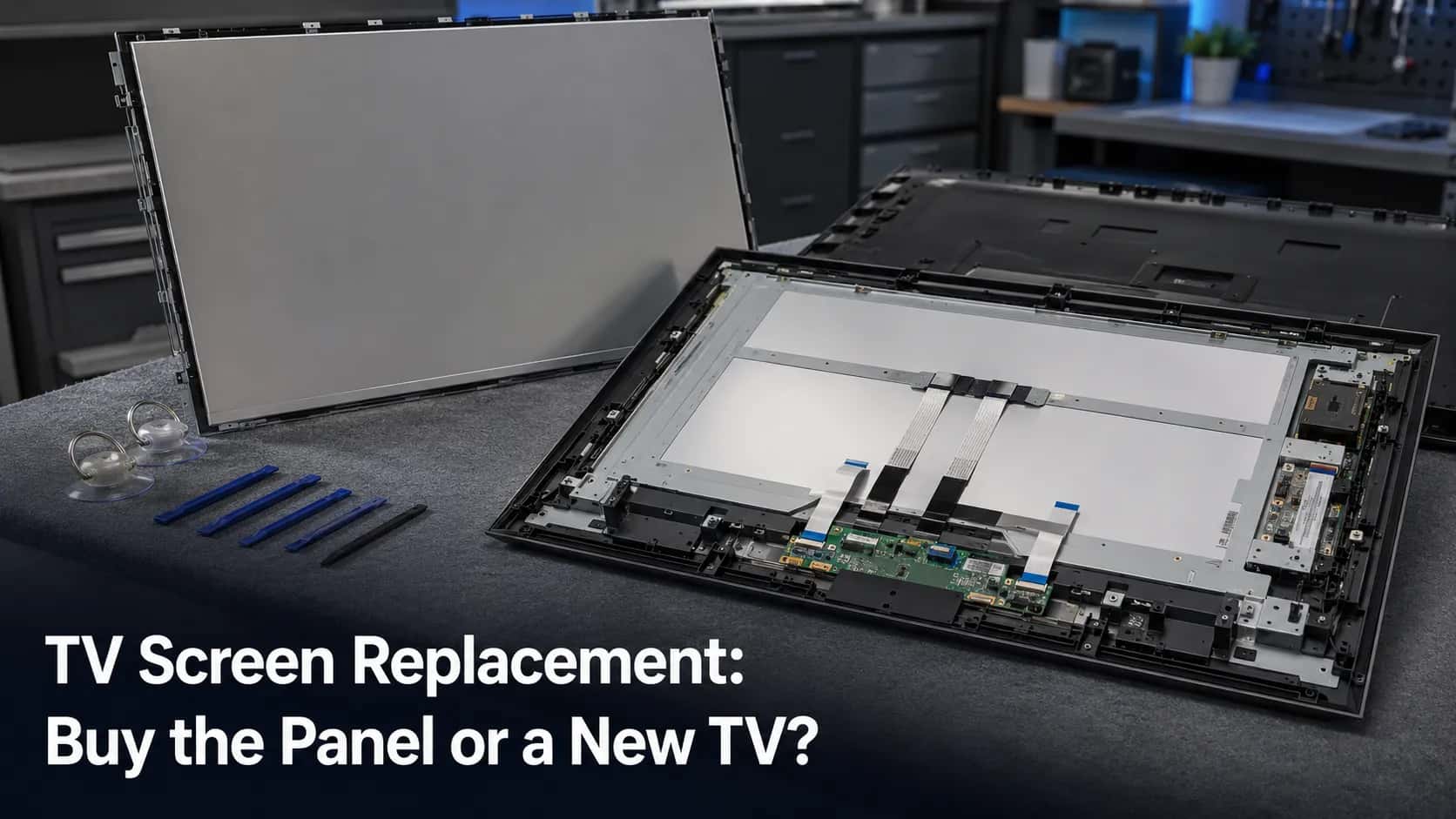 55-inch flat-screen TV lying face-down on a padded workbench with the back removed, exposing the LCD panel, ribbon cables and T-Con board beside a replacement screen in a repair workshop.