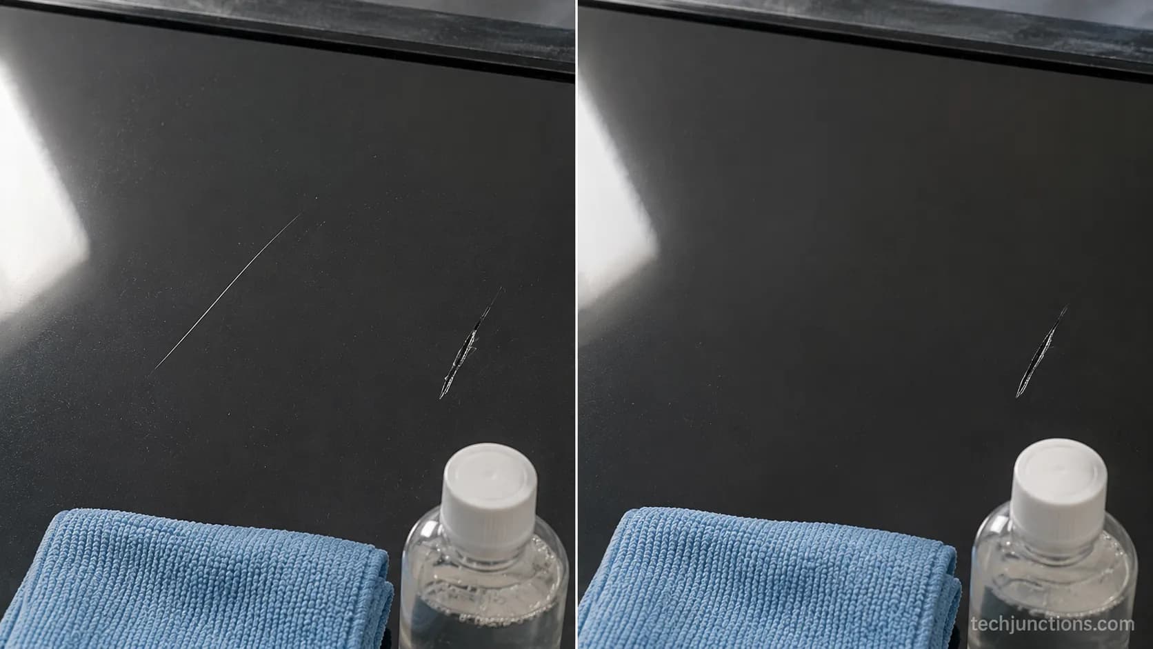 Before and after polishing a light TV screen scratch beside an untouched gouge