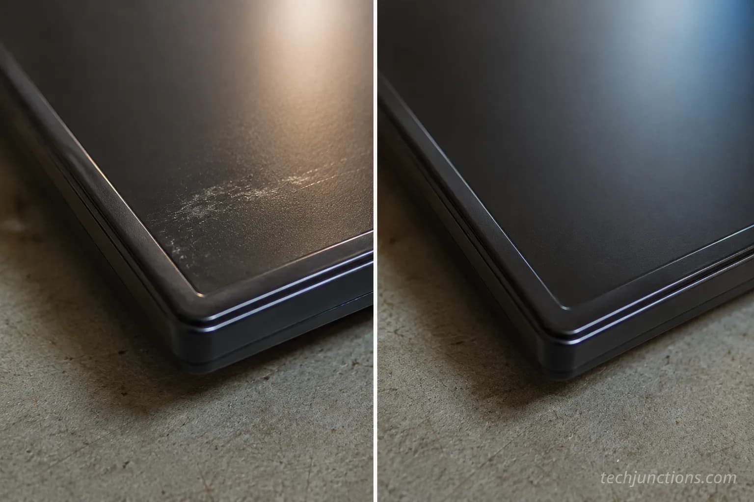 Macro before and after of a TV corner scuff softened by buffing, alongside a scratch-versus-crack check.