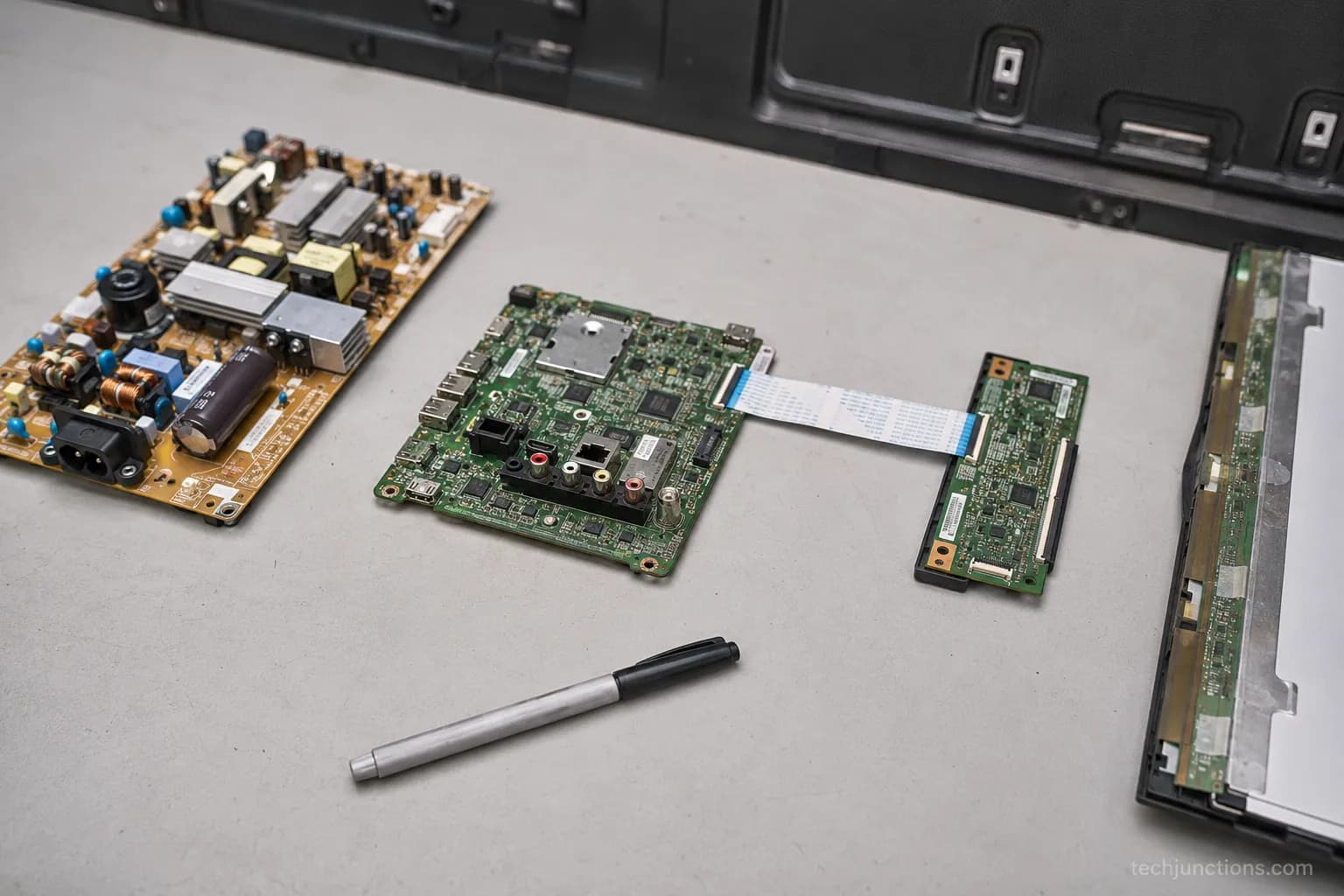 Television power board, main board, T-Con board and ribbon cable arranged in signal-chain order on a workbench.