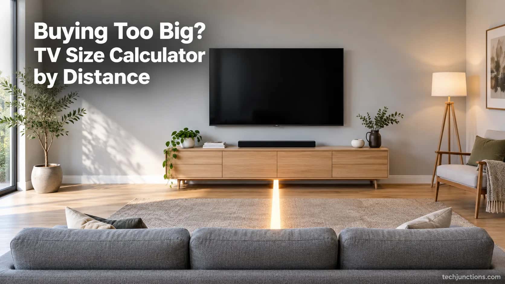Living room with a wall-mounted TV sized to the sofa viewing distance