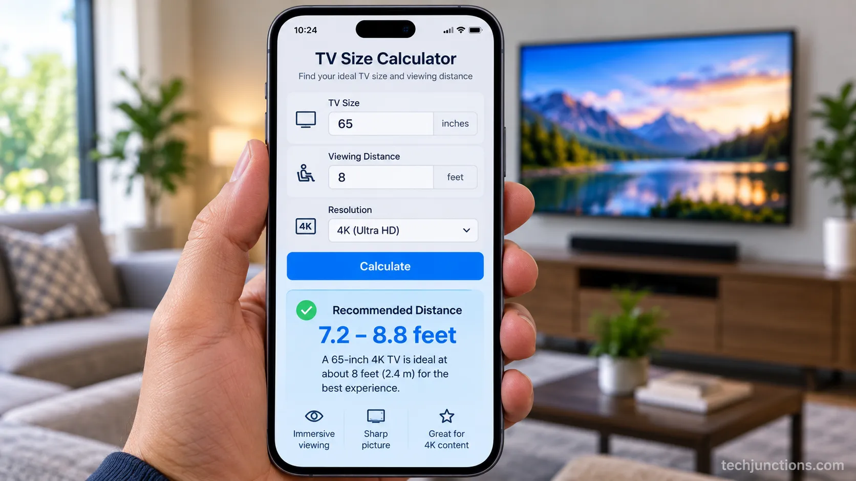 TV size calculator result for a 65-inch 4K TV at eight feet
