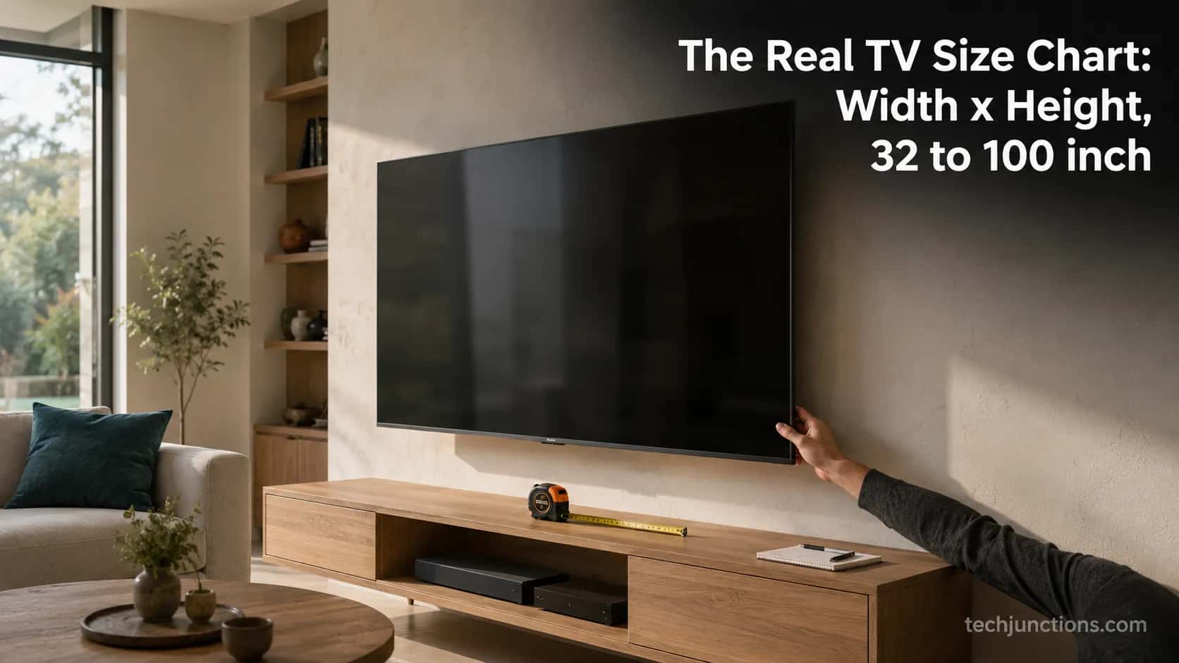 TV size chart cover showing a wall-mounted television being measured in a living room.