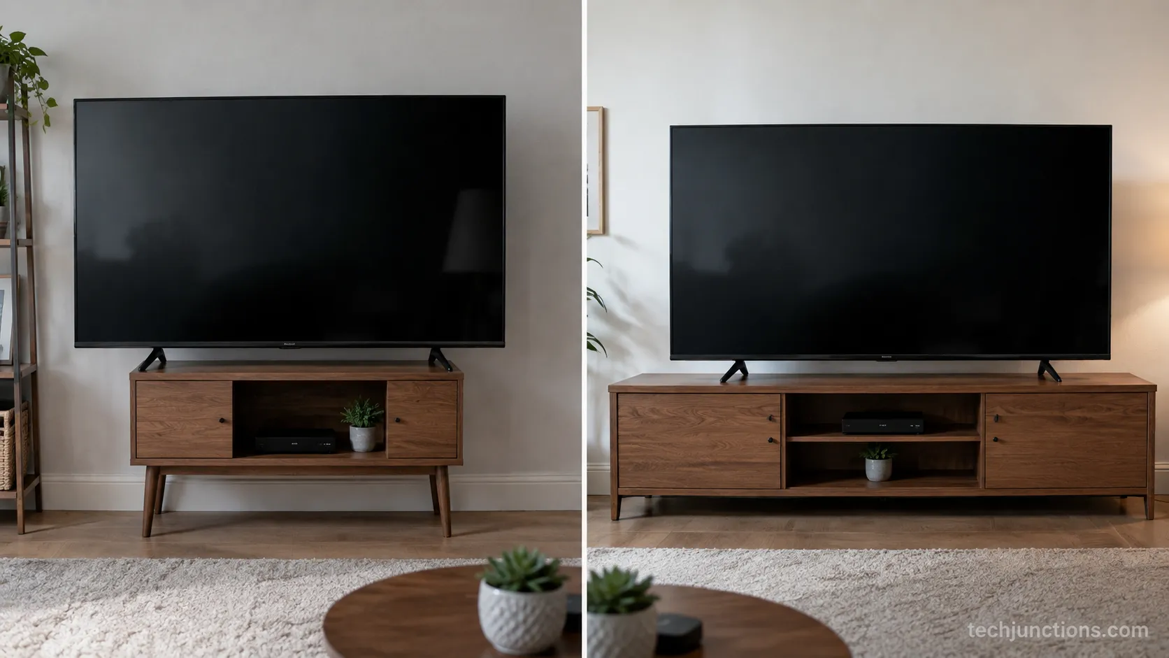 A television overhanging a small stand beside the same television fitting a correctly sized stand.