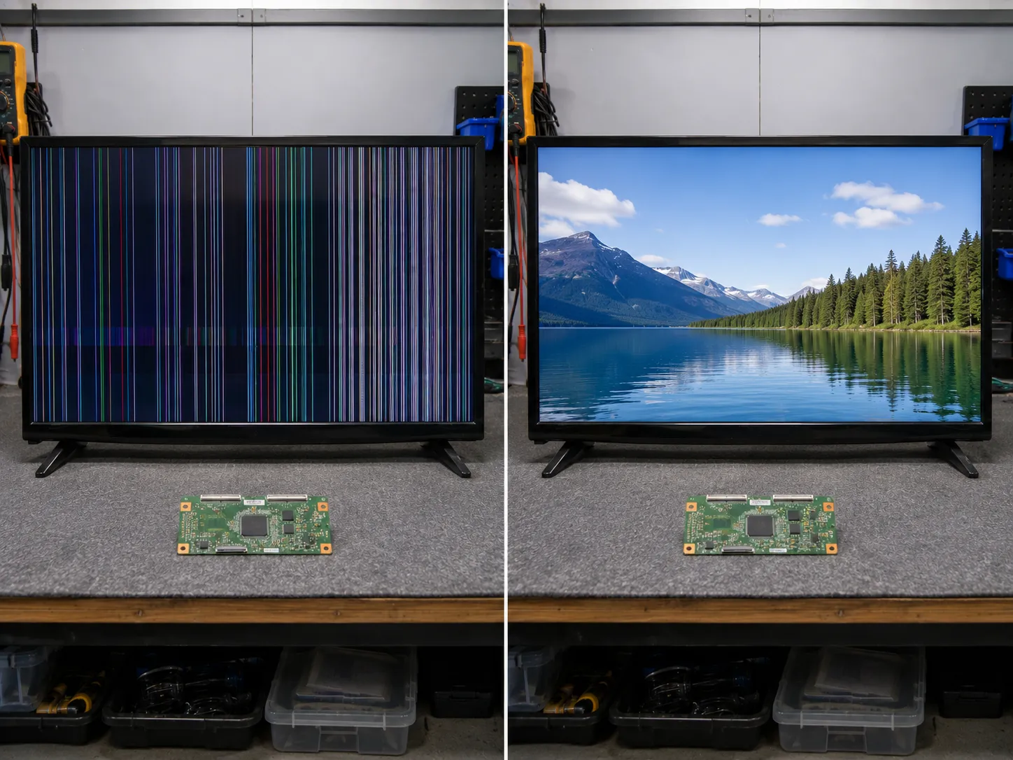TV before and after a T-Con board repair fixing vertical lines.