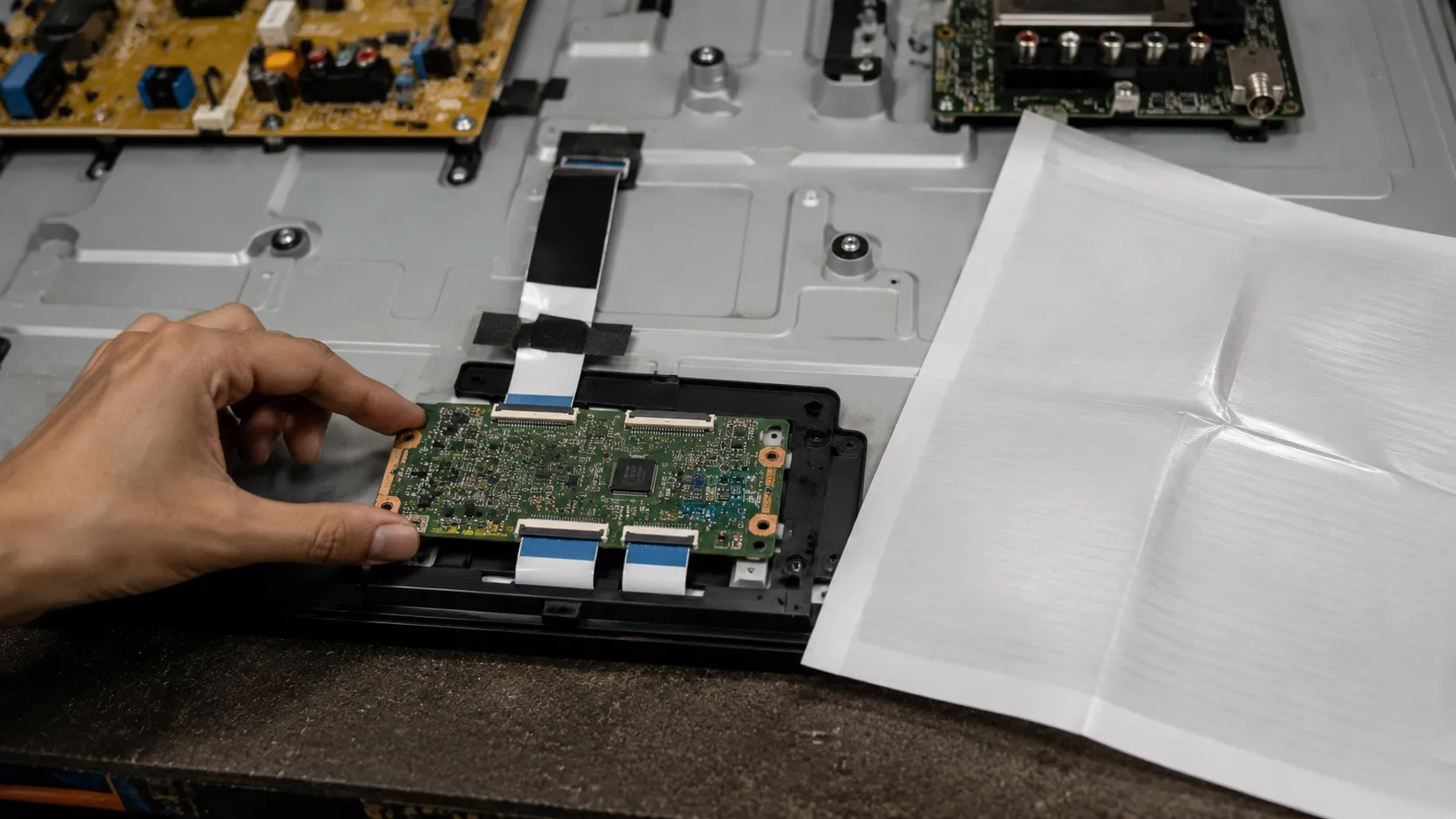 Hand installing a replacement T-Con board inside an opened flat-screen TV with ribbon cable connectors visible, alongside a creased diffusion sheet from a failed LED backlight repair.