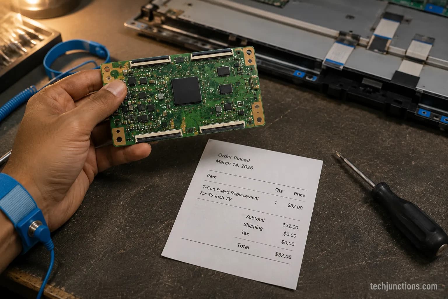 Replacement T-Con board held beside its dated order receipt on a repair workbench.
