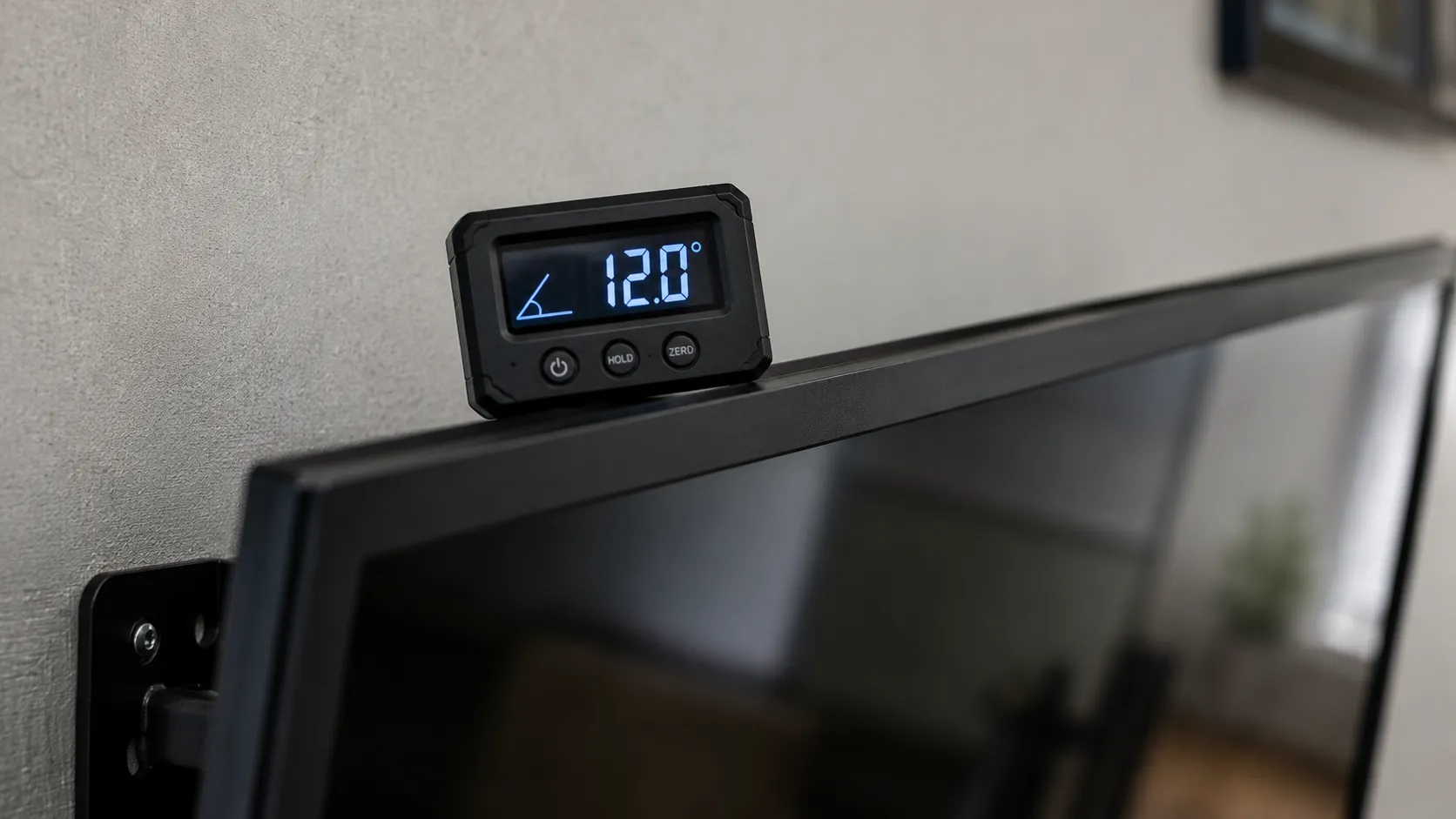 Digital angle gauge showing downward tilt on a mounted TV
