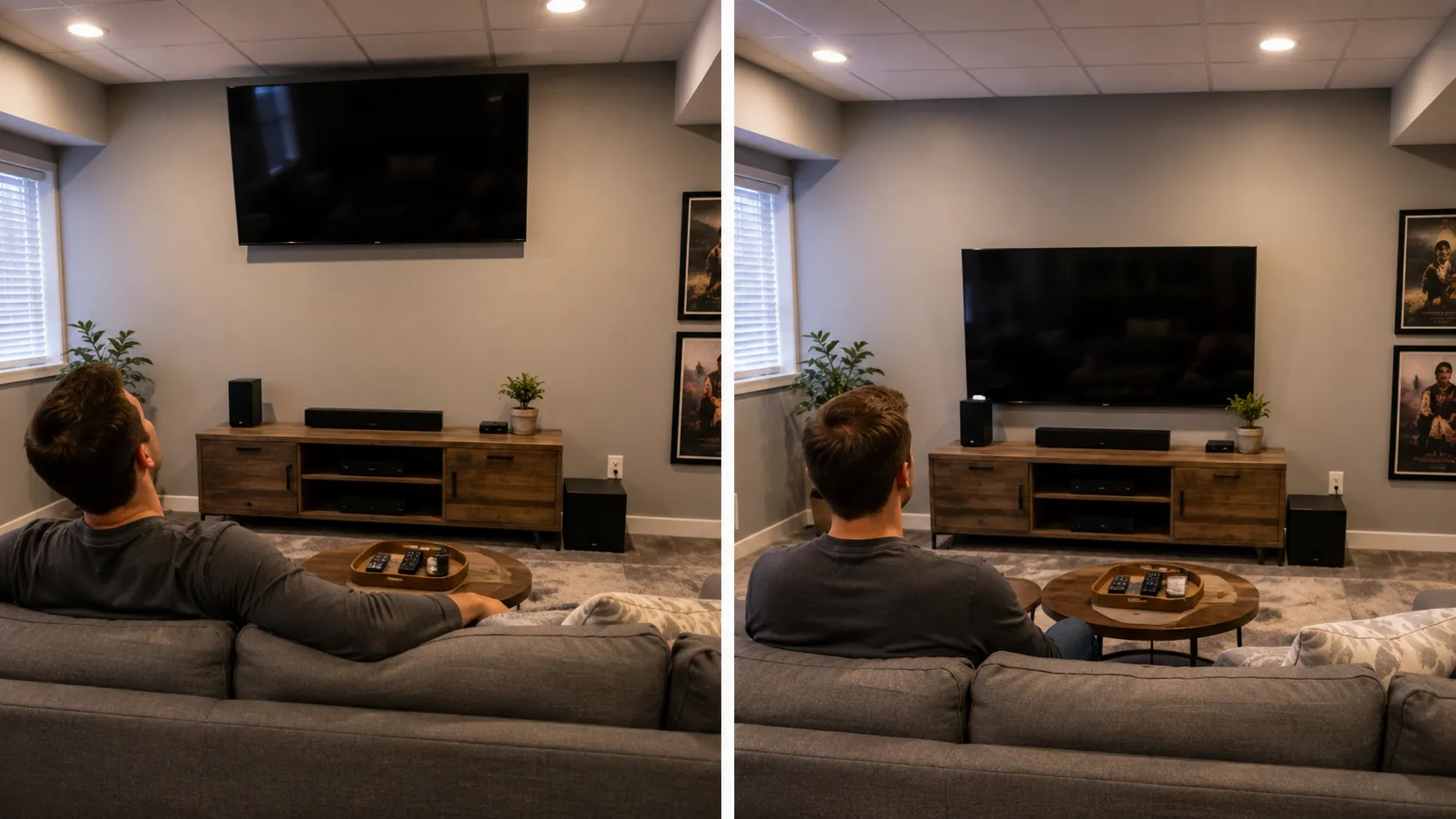 Before and after correcting a TV mounted too high
