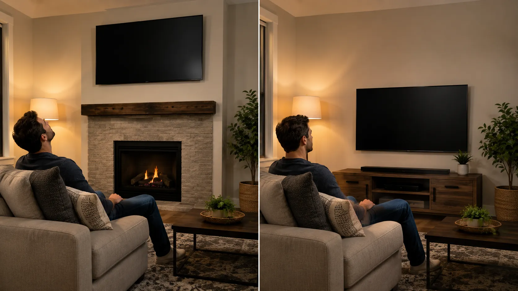 Before and after comparison of a TV mounted too high versus lowered to seated eye level