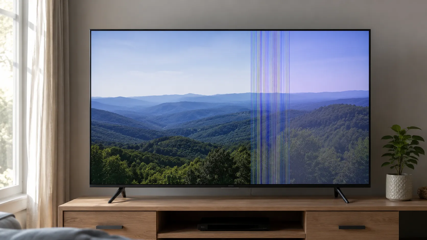 50-inch LED TV displaying a persistent vertical band of faint colored lines on the right side after a full power cycle, demonstrating a common TV display panel or T-CON issue.