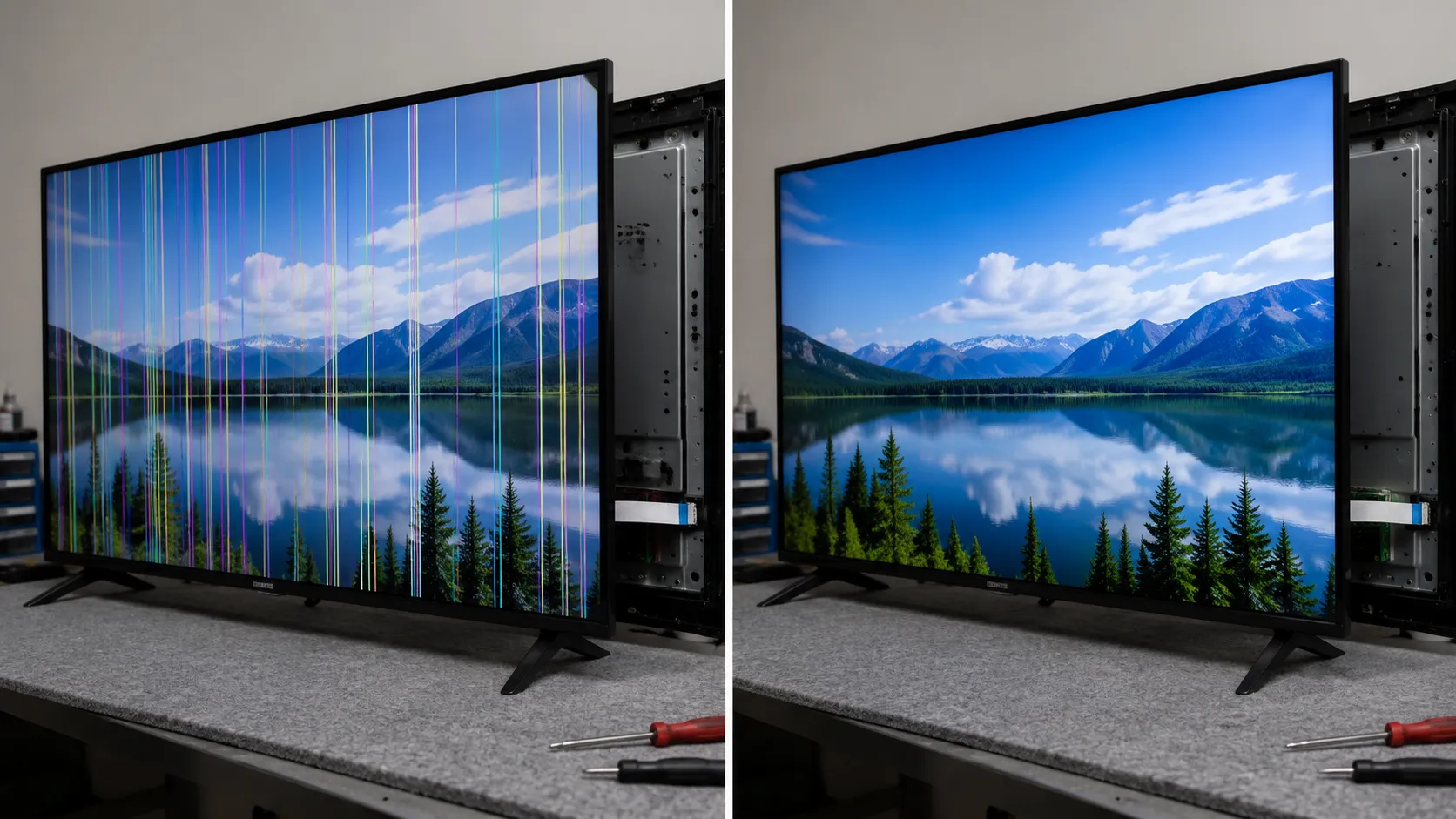 Side-by-side comparison of a flat-screen TV before and after reseating an oxidized ribbon cable, showing vertical colored screen lines fixed to a clean, uniform display after repair.