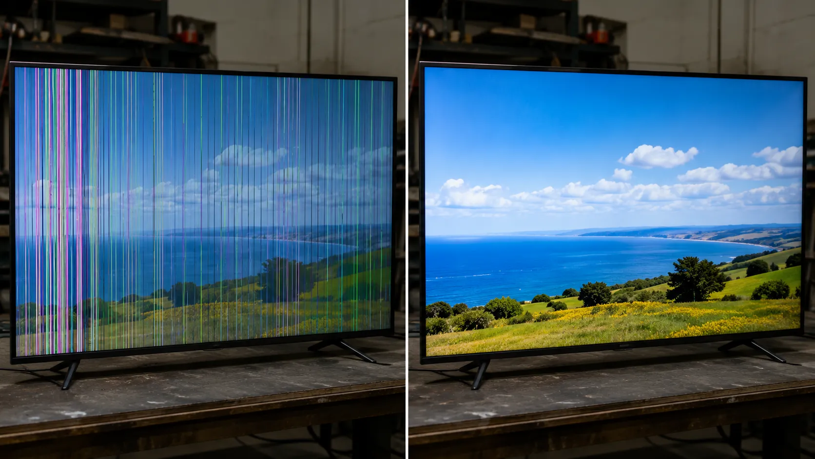 Side-by-side comparison of a flat-screen TV with colored vertical lines before T-CON ribbon reseating and the same TV displaying a clear, line-free image after the repair
