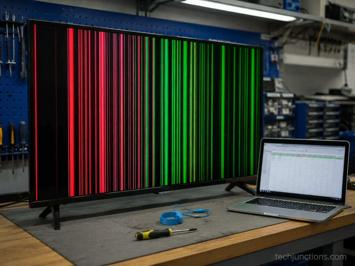 A flat-screen TV showing coloured vertical lines on a workshop bench next to a laptop logging repair results.