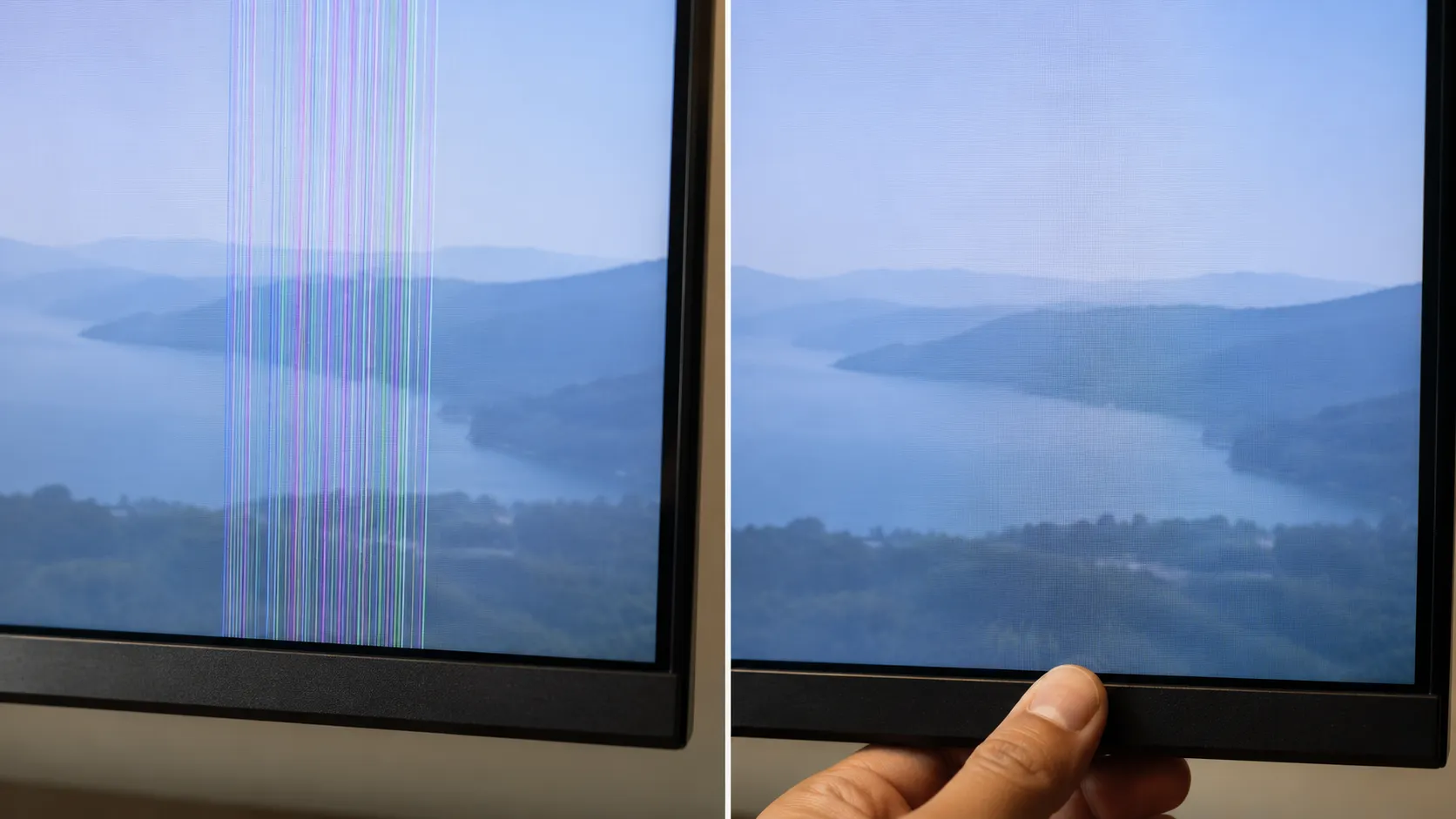 Side-by-side comparison of a TV screen with vertical lines before and after gentle bezel pressure, showing faded lines to help diagnose a panel tab bond or ribbon cable issue.