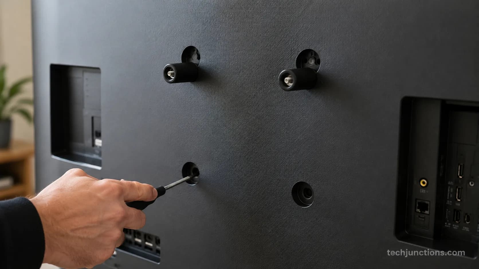 VESA mounting holes and spacers on the back of a 77-inch television.