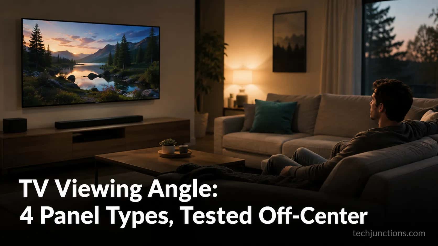 Living room with a TV and an off-center side seat illustrating TV viewing angle.