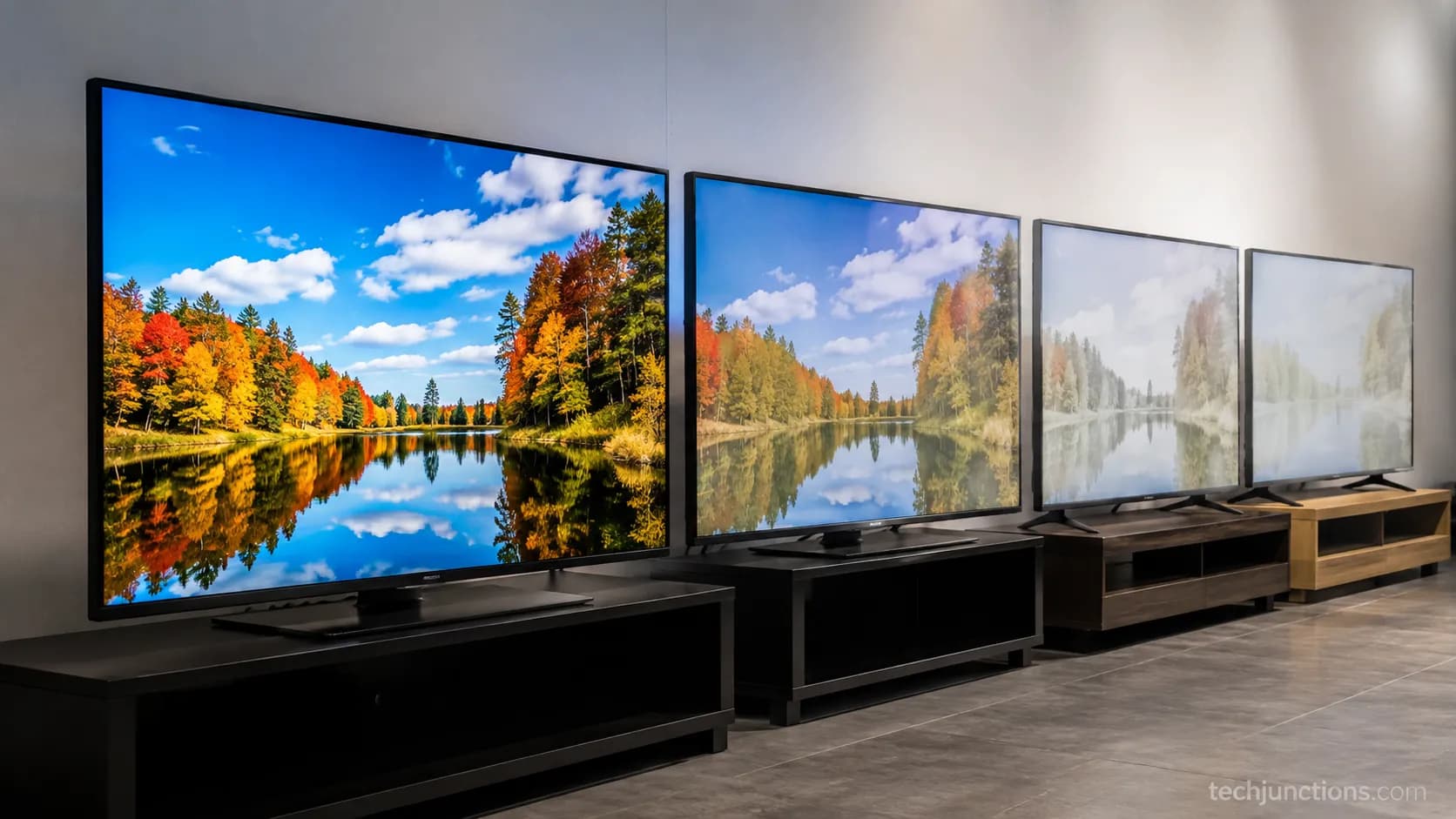 Four TVs viewed from the side showing OLED sharp and VA panel washed out.
