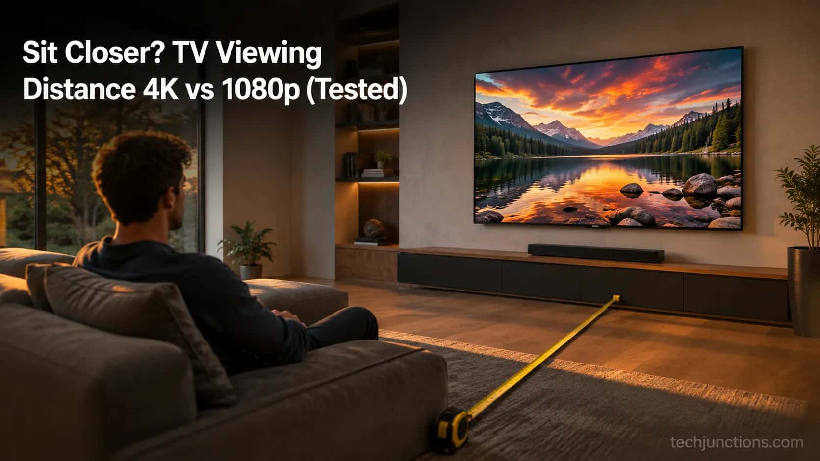Person on a sofa measuring viewing distance to a large wall-mounted 4K TV with a floor tape.