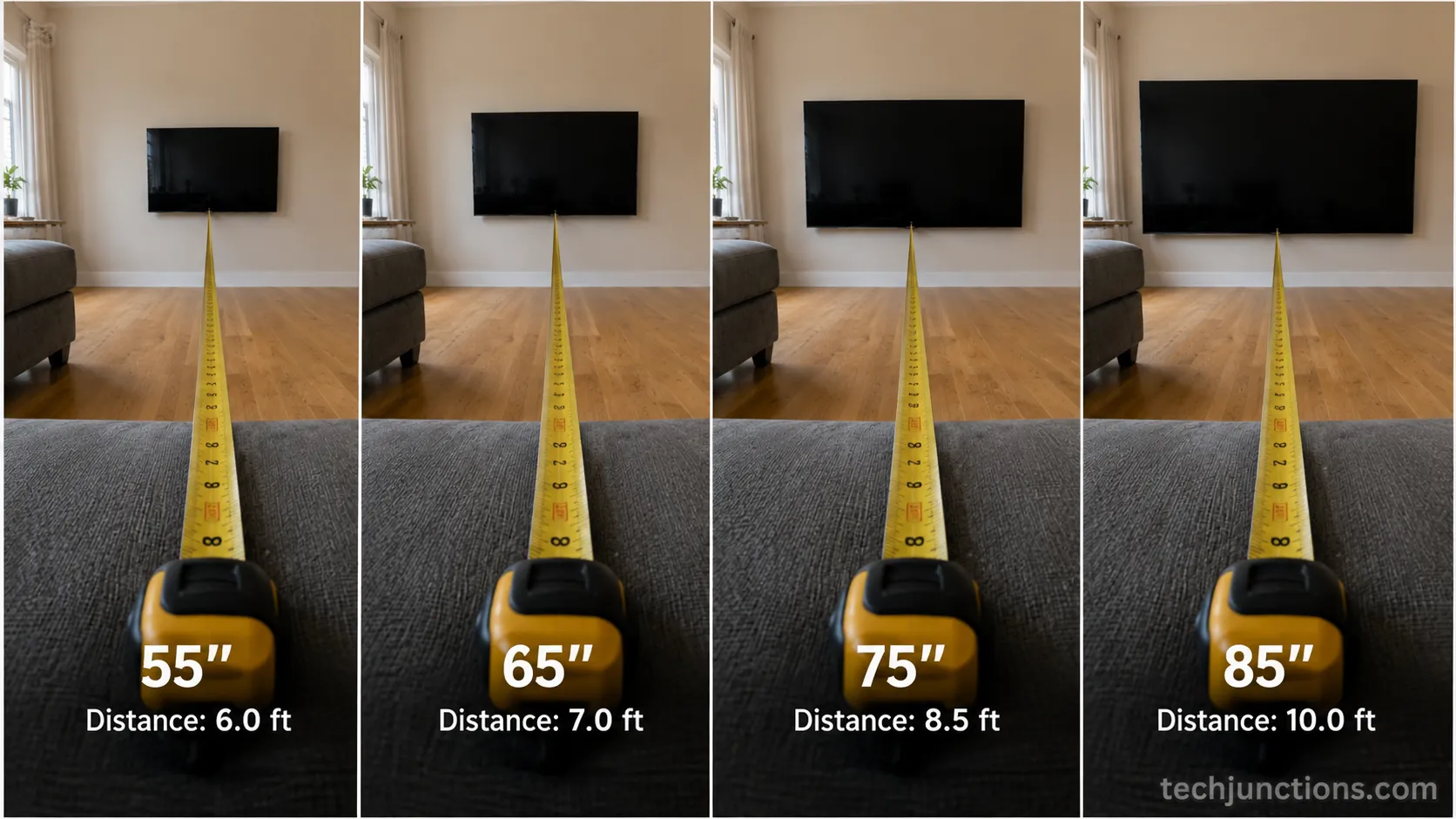 Comparison of 55, 65, 75 and 85 inch TVs on the same wall from one seat.