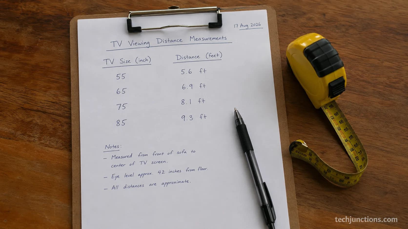 Handwritten worksheet recording measured viewing distances for four TV sizes.